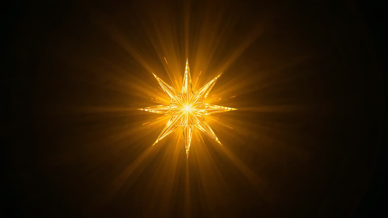 Frames starting brightening golden crystal eight-point star sparking extending rays on black void