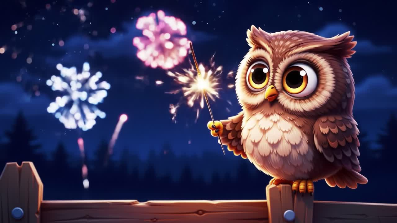A Cute Cartoon Owl Celebrates Under the Night Sky with Sparkling Fireworks, Holding a Sparkler in Its Talons, Adding a Touch of Magic to the Festive Atmosphere