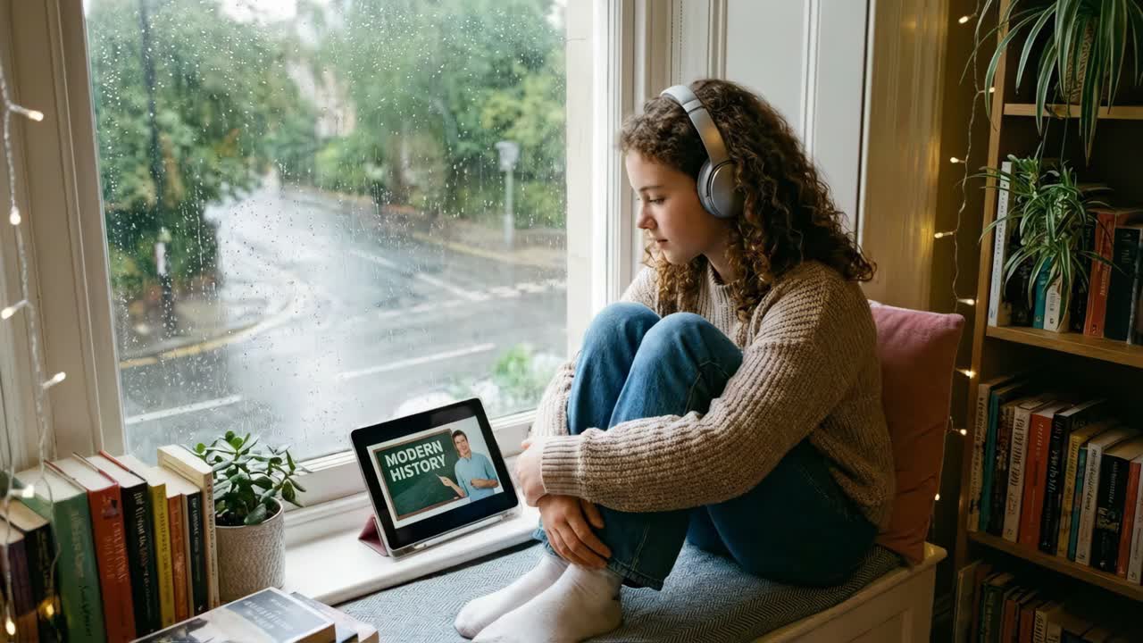 Girl Studying Modern History Online on Tablet by Window