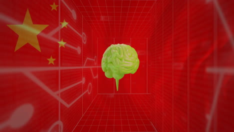 animation of motherboard networks and rotating brain over flag of china