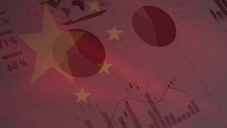 animation of chinese flag flowing over statistics recording and data processing