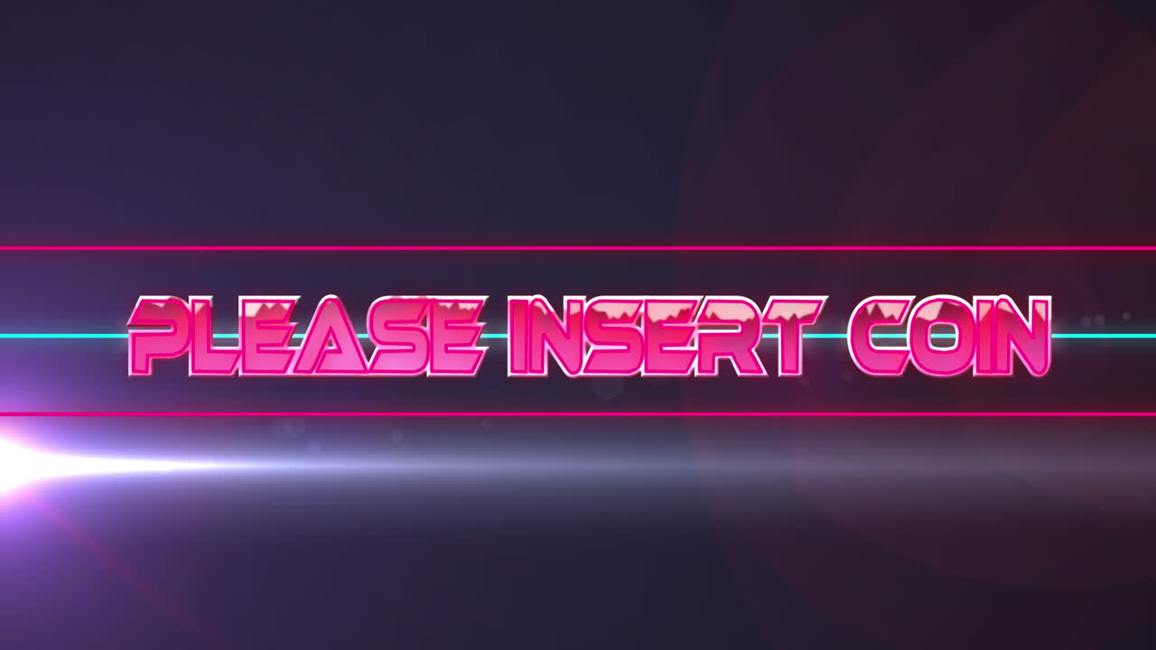 animación de por favor inserte el texto de la moneda sobre líneas de neón y rastros de luz