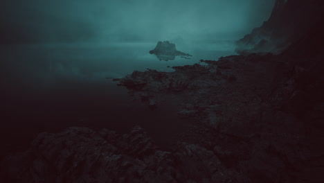 misty coastal landscape at dawn with rocky formations and calm waters