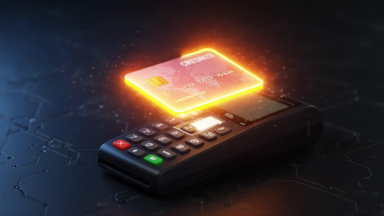 Exploring Modern Payment Technology: A Close-Up on a Card Reader with a Credit Card Surrounded by Dynamic Visual Effects