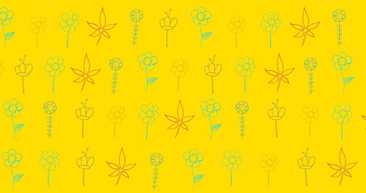 Animation of multiple red and green flowers moving over yellow background