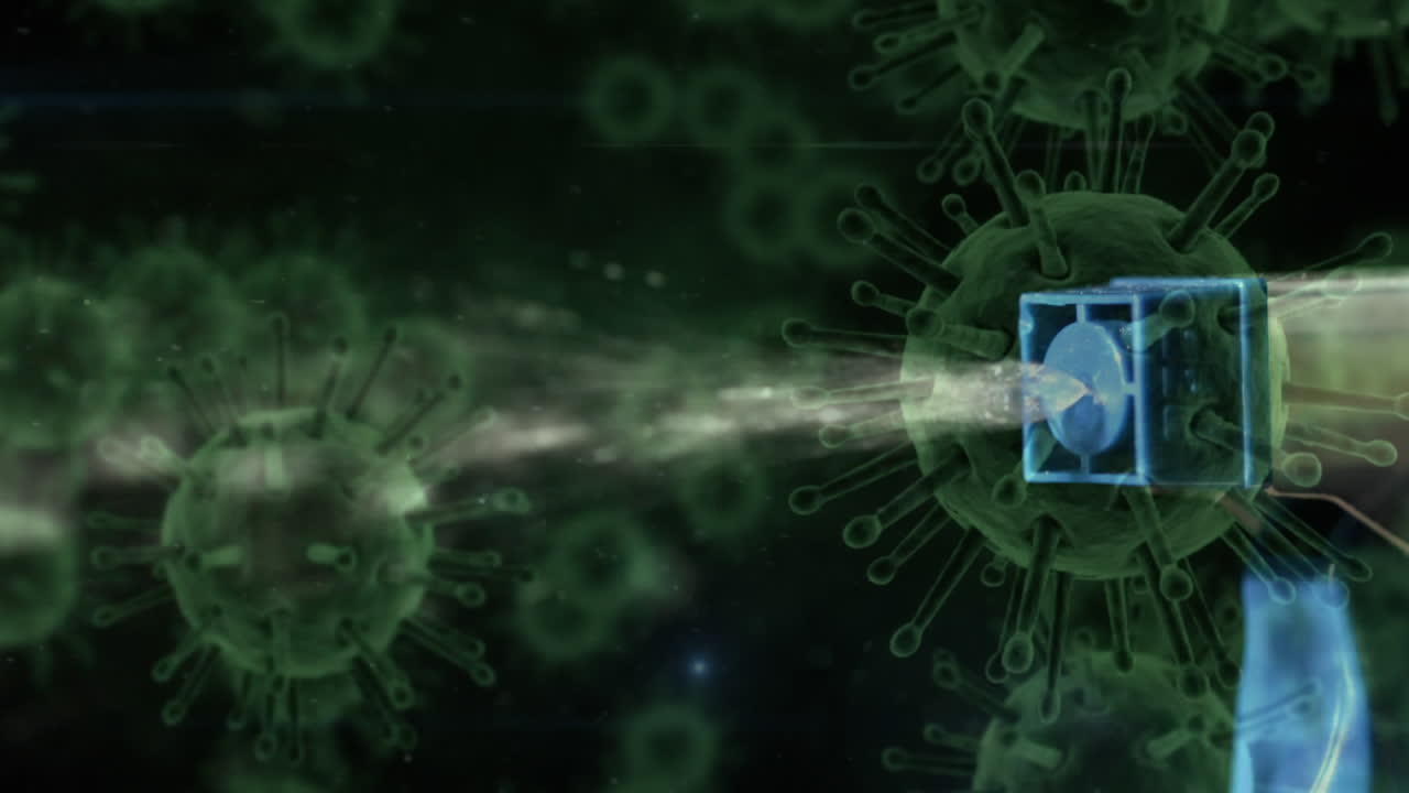 células de covid-19 moviéndose contra un aspersor de cerca