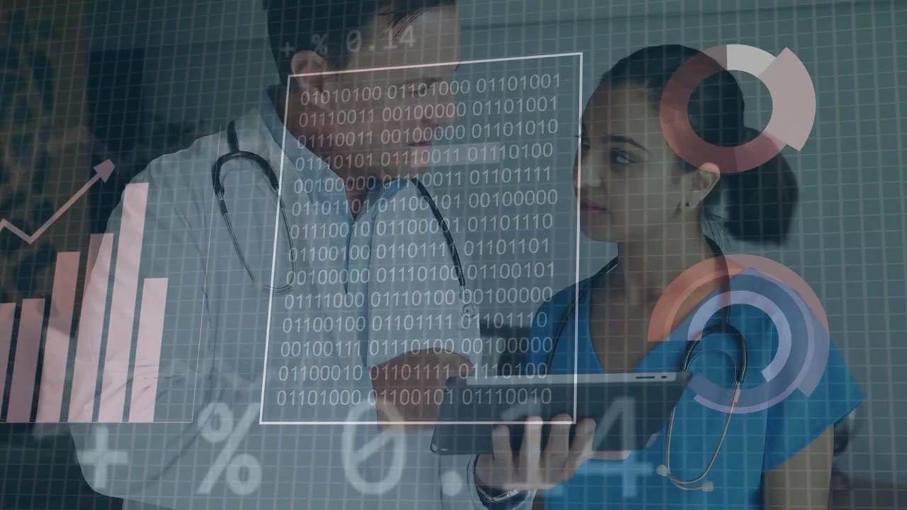 Nurse tapping tablet, MD leaning and pointing, reviewing patient data, animated graphs on tablet