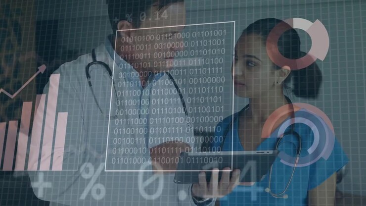 Nurse tapping tablet, MD leaning and pointing, reviewing patient data, animated graphs on tablet