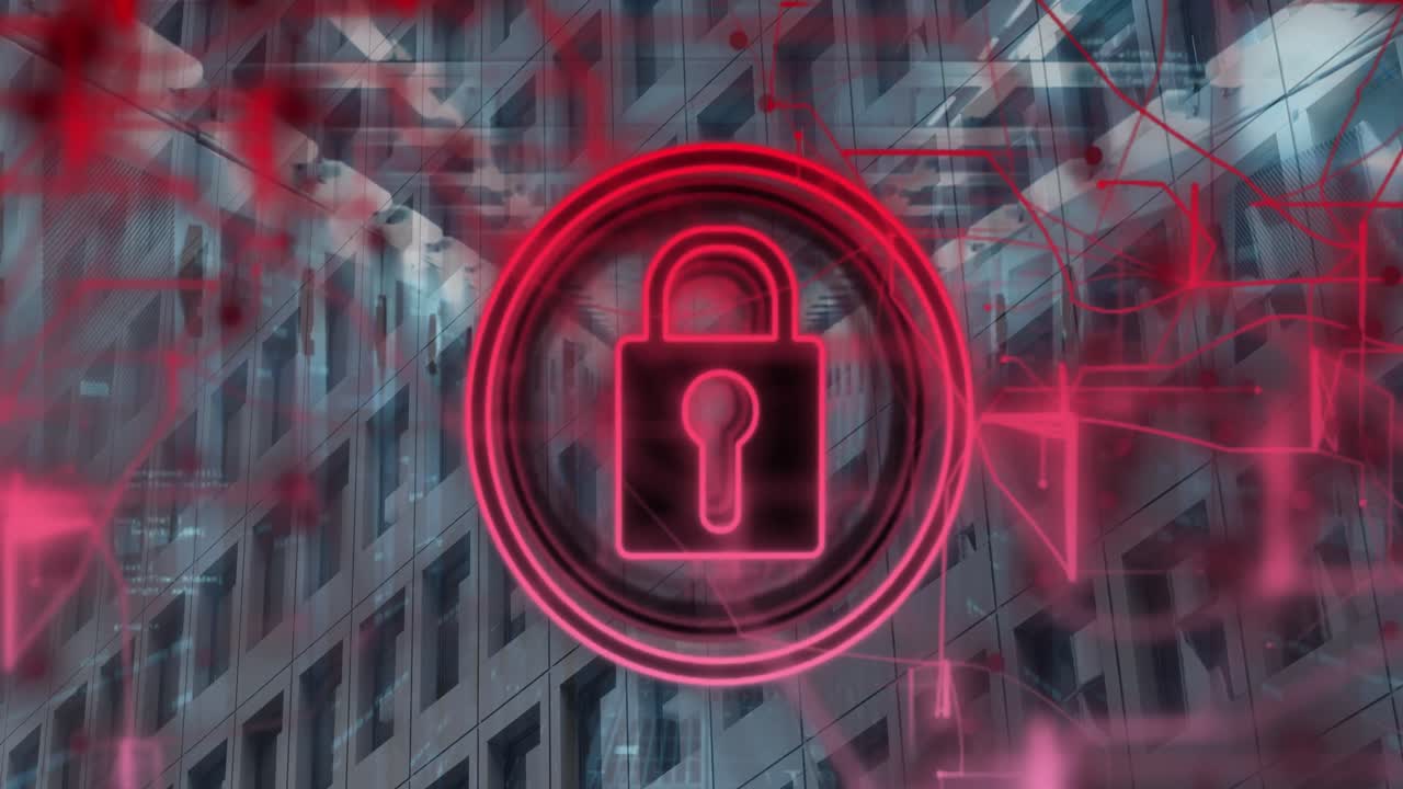 animación de candado y procesamiento de datos sobre el paisaje urbano