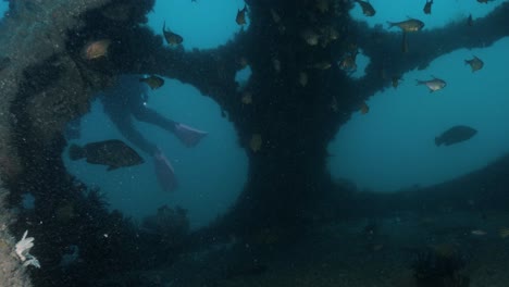 commercial scuba diver working on an underwater man-made structure deep below the ocean surface