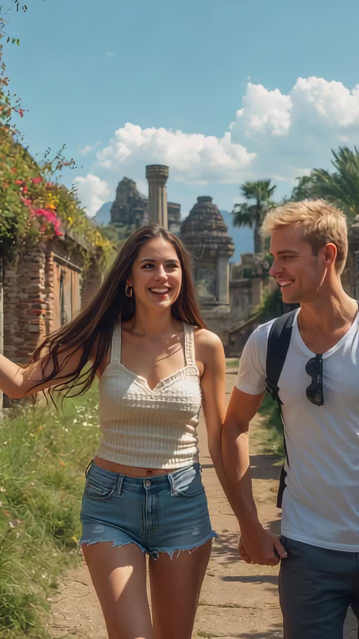 Vertical video: Entering ruins couple exploring walking holding hands woman gesturing backpack