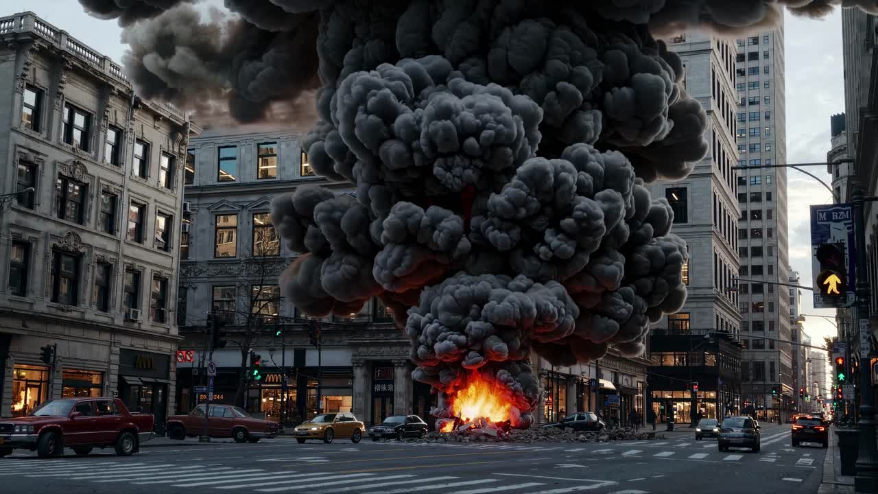 Esplosione drammatica di un paesaggio urbano ripresa da un angolo a livello della strada, che mostra fiamme intense
