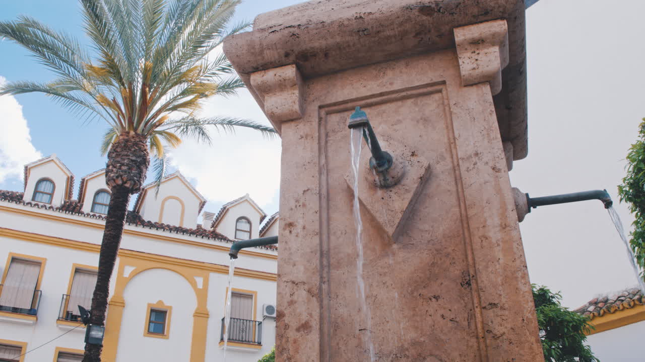 4K Marbella fountain and palm in old town square, Andalusia