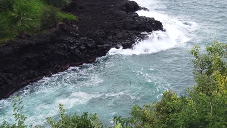 hd 120fps hawaii kauai overhead view of waves crashing on rocky shoreline with greenery in foreground