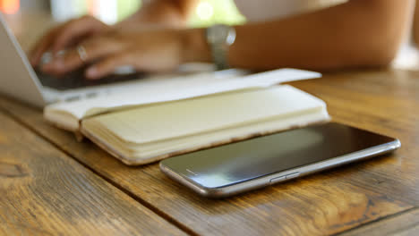 Teenage girl using laptop in restaurant 4k