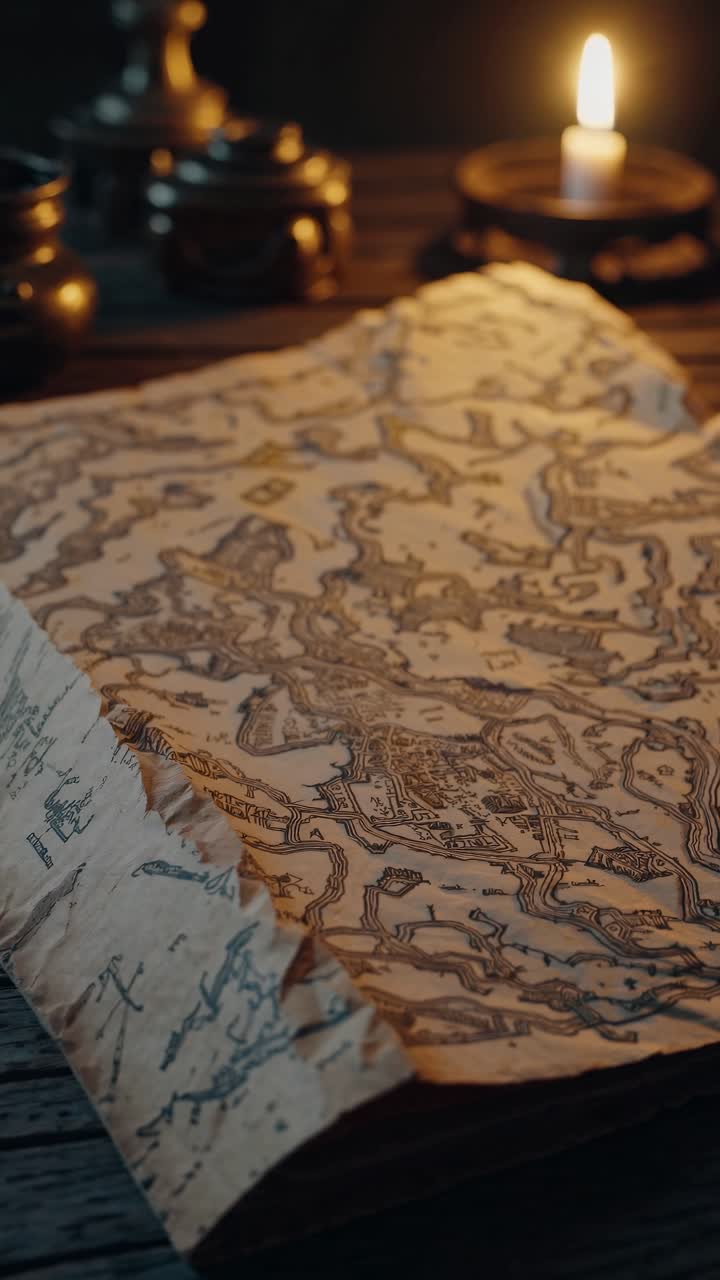A vintage map on a wooden table, captured from a low-angle, showcasing intricate details