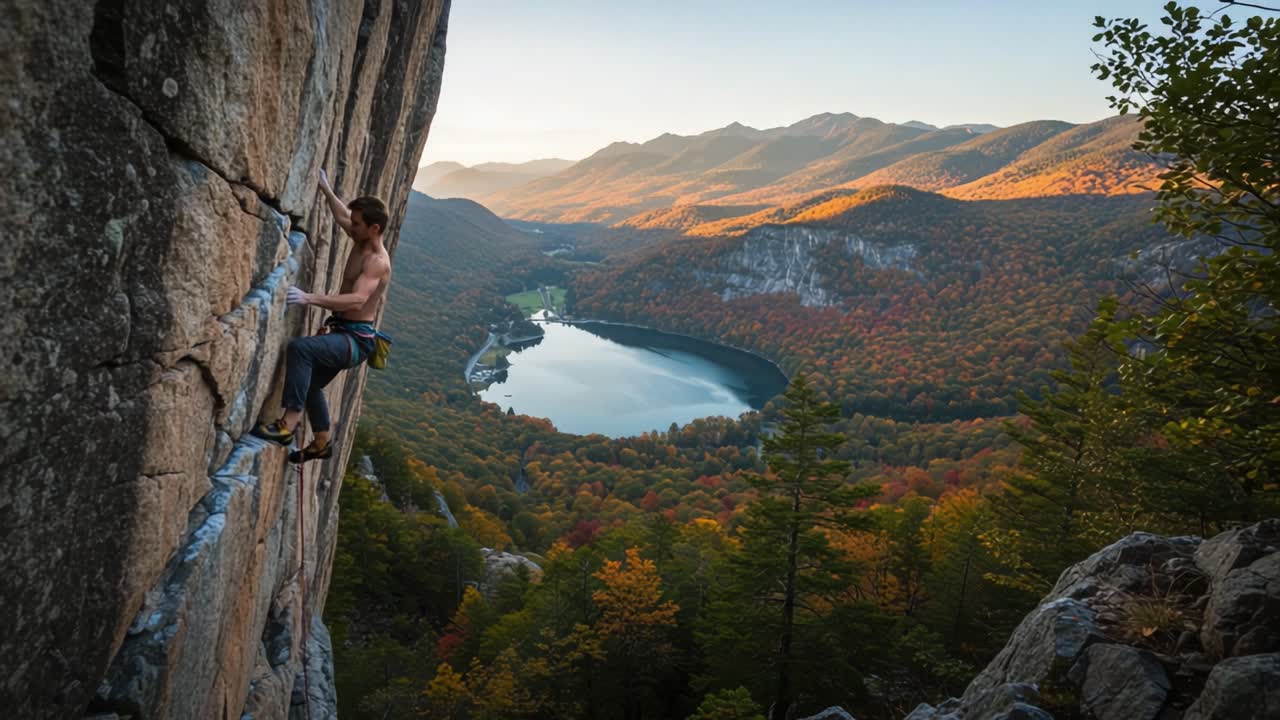 An Adventurous Climber Ascends a Majestic Rock Face Overlooking a Stunning Mountain Landscape During Autumn's Golden Hour