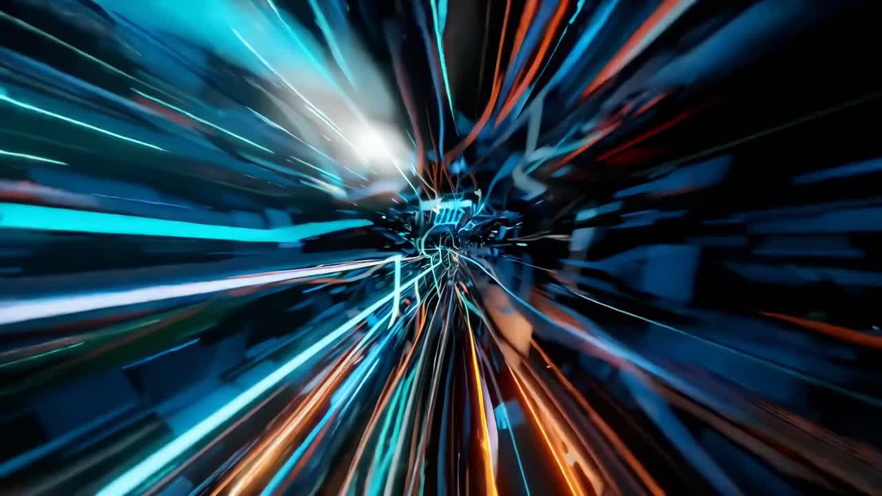 Dynamic video of a futuristic tunnel with a first-person view, showcasing vibrant light trails