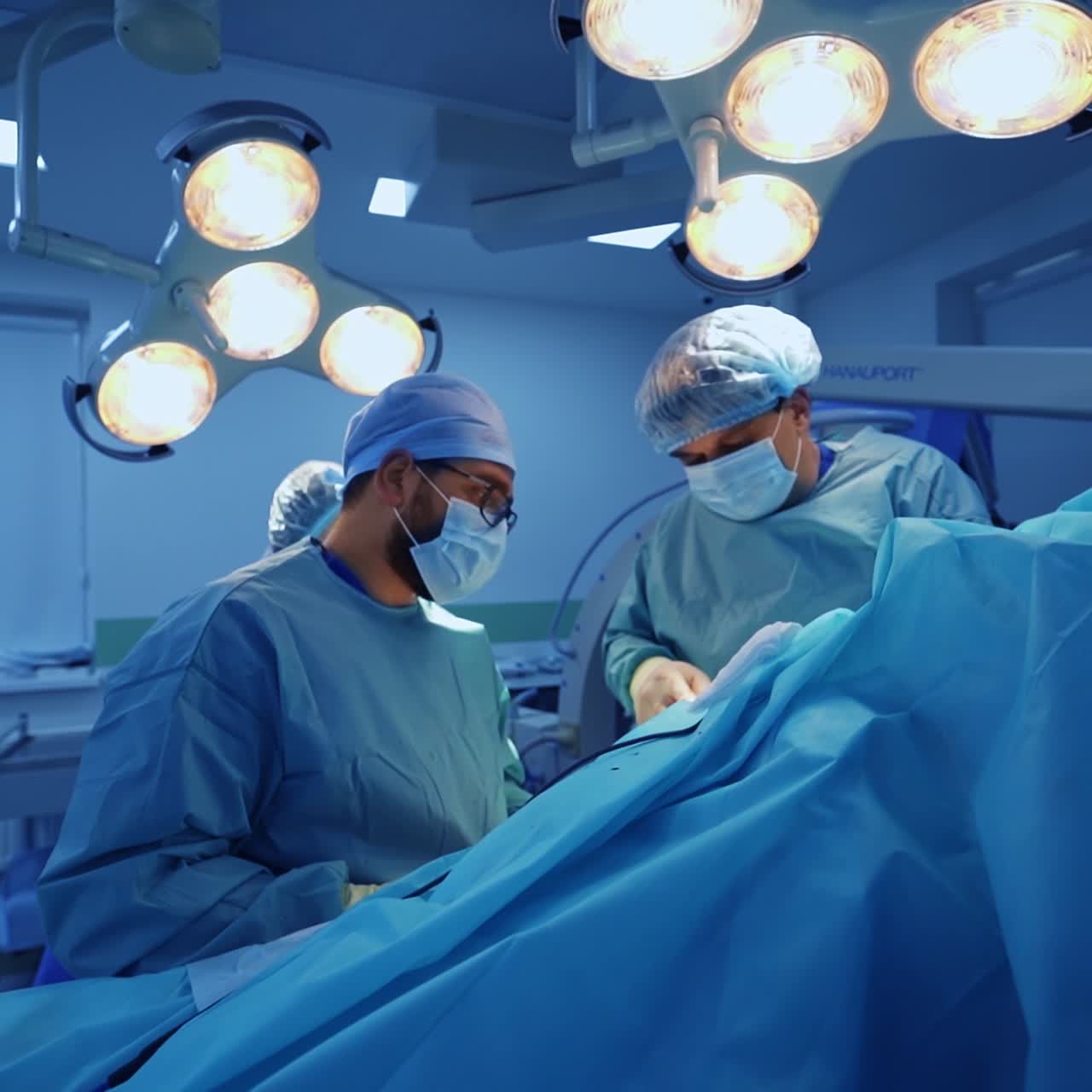 Modern sterile surgery room with healthcare professional working in. Two surgeons operating patient covered with sheet. Nurse assisting the doctors