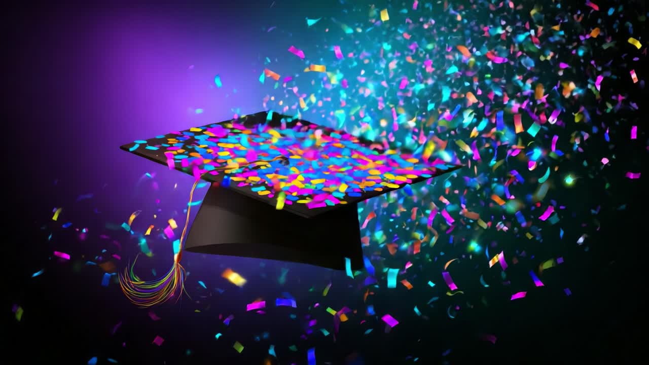 Foto celebrativa di una laurea a tema festivo, con un tocco di colore dato da un cappello circondato da coriandoli su uno sfondo vivace, a simboleggiare obiettivi raggiunti e nuovi inizi
