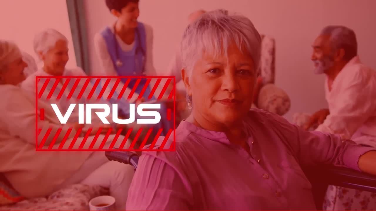 animación de la palabra virus en letras blancas y rayas rojas sobre personas multiétnicas en el fondo