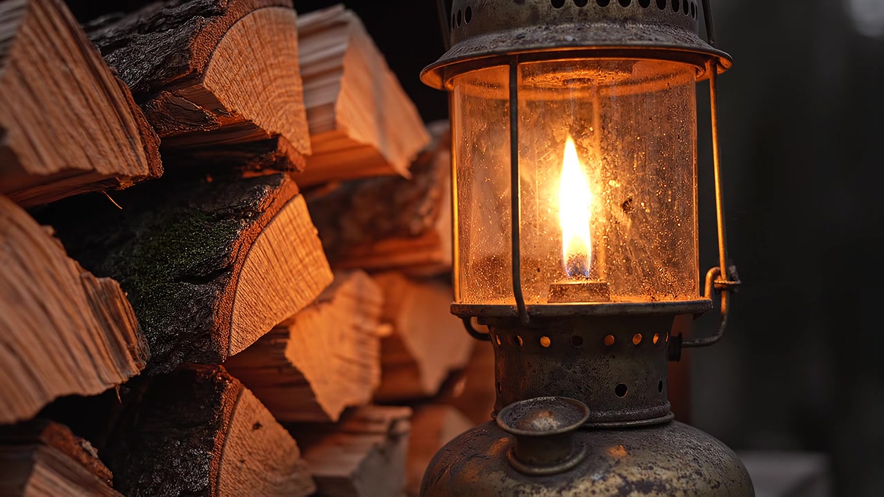 Lampada a olio rustica che arde luminosamente accanto a cataste di legna da ardere