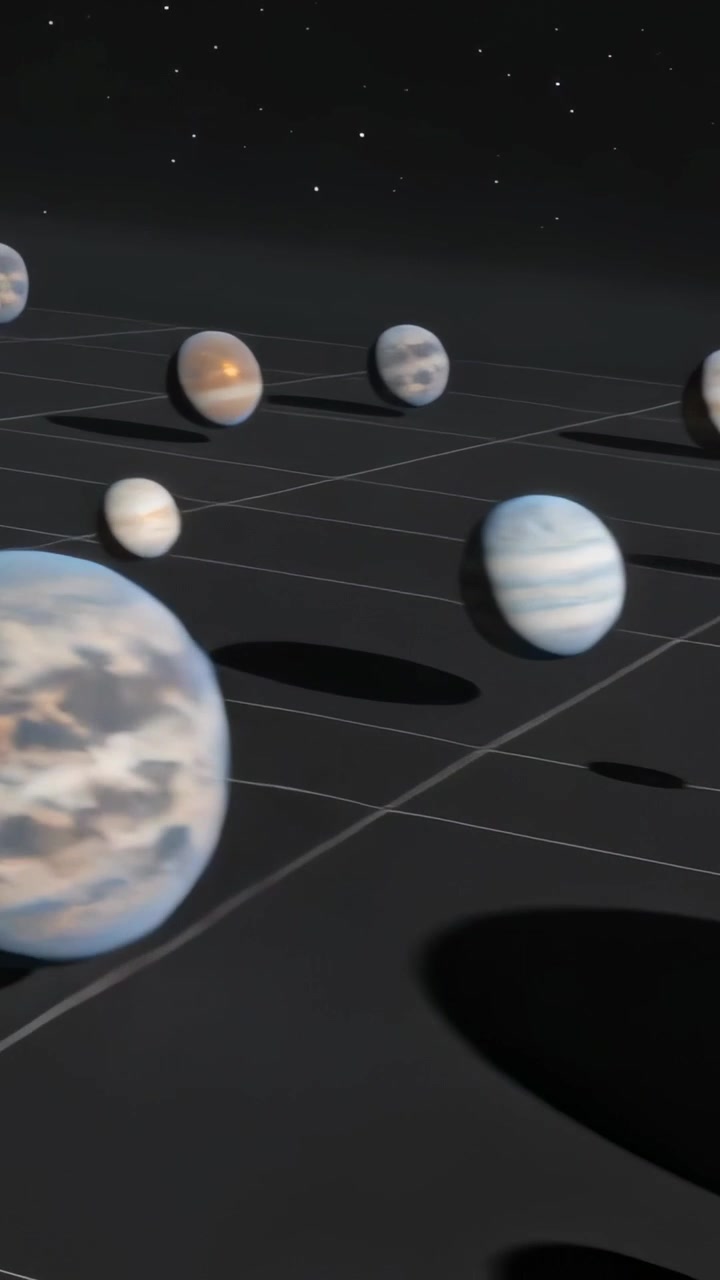 Vertical video: Panning camera sliding diagonal over grid on start, revealing planets with shadows