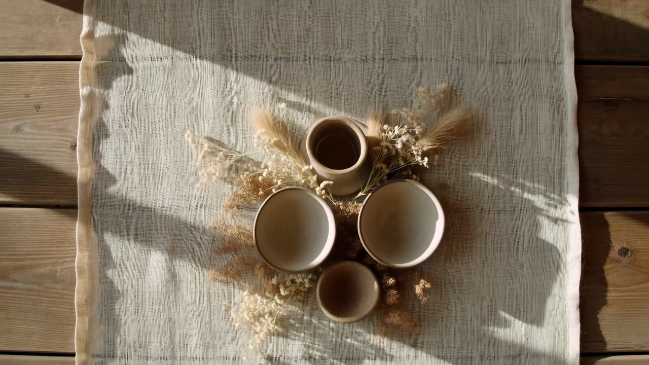 Overhead View of Ceramic Pottery and Dried Flowers with Moving Shadows