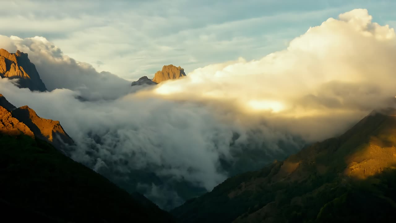 구름이 가득한 산 위에서 극적인 해가 지는 모습