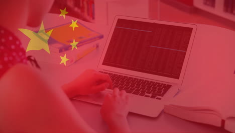 animation of flag of china over caucasian businesswoman using laptop