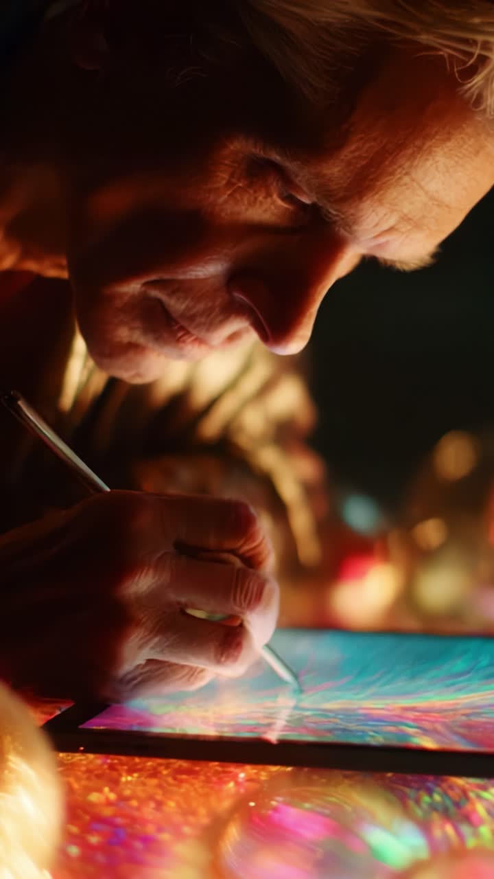 An Artist Deeply Focused on Creating a Colorful and Intricate Design While Using a Digital Tablet and Surrounded by Glowing Objects in a Studio Environment