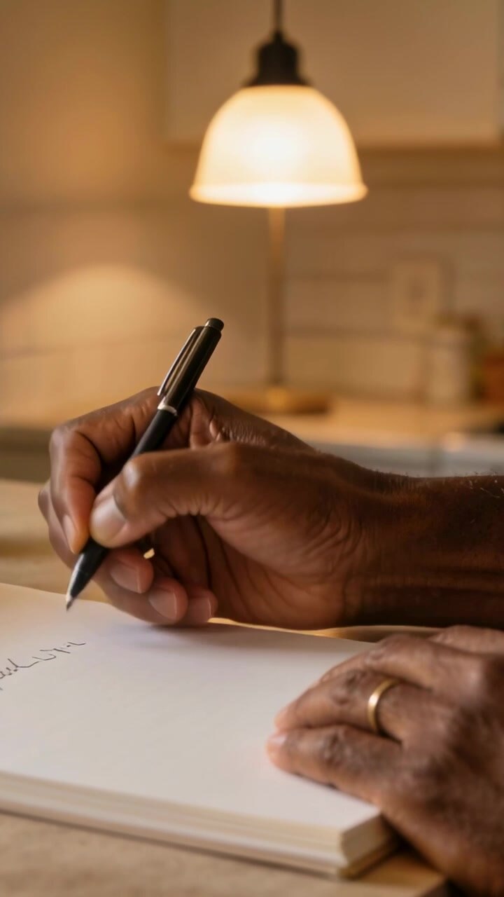 Vertical video: Pen touching paper, man's hands writing cursive in notebook at home counter