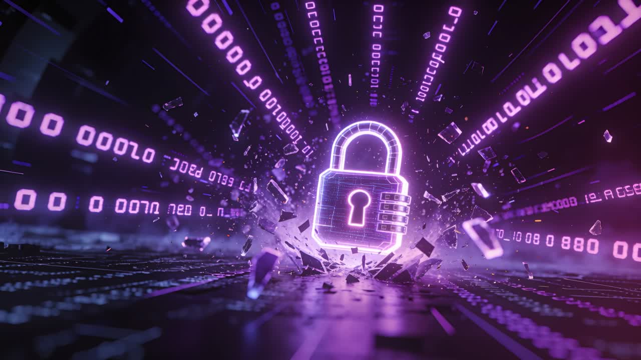 Vertical video: Reacting to binary surge, neon padlock pulsing, emitting shards in cyber tunnel