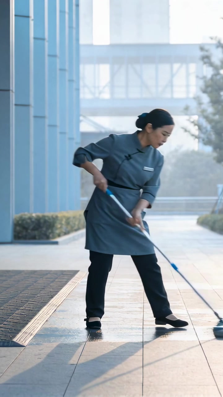 Vertical video: Wet tiles causing cleaner mopping tile walkway at entrance, with mop, grey uniform