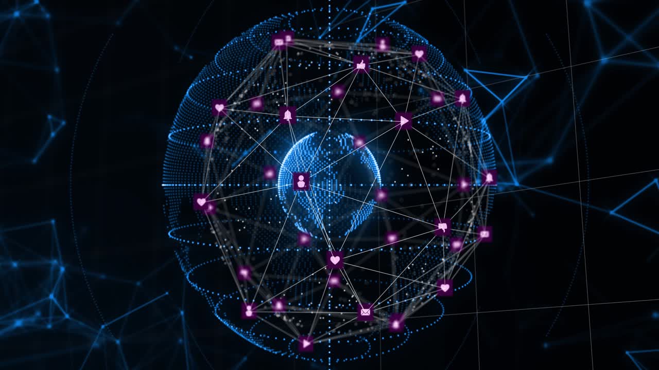 Digital spherical network receiving node signals, rotating and pulsing, visualizing global links
