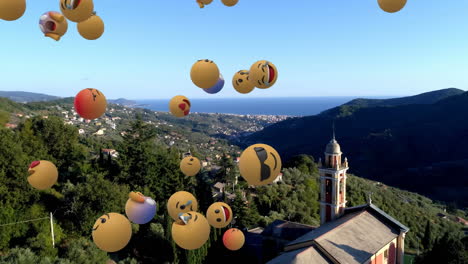 digital composition of multiple face emojis floating against aerial view of cityscape