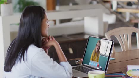 Mujer-Caucásica-Usando-Una-Computadora-Portátil-En-Una-Videollamada-Con-Una-Colega-Que-Trabaja-Desde-Casa