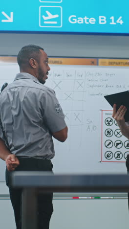 airport security personnel discussing flight schedules
