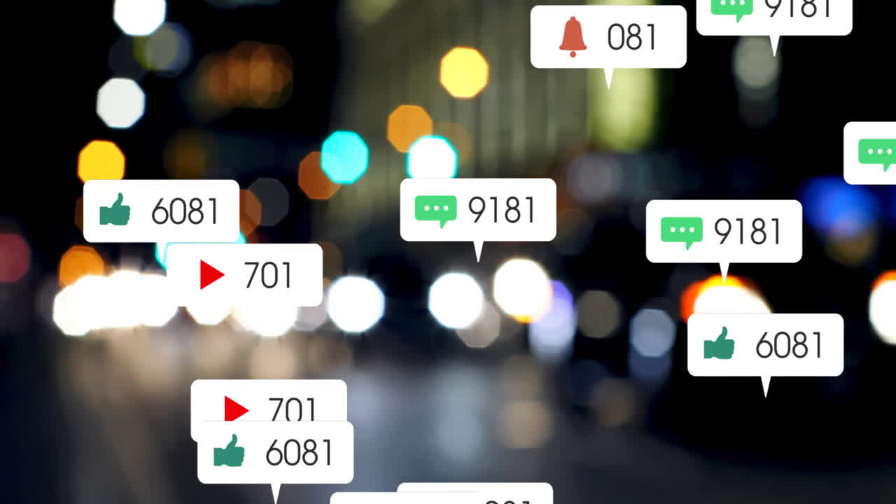 소셜 미디어 알림 밤에 흐릿한 도시 불빛 위의 애니메이션