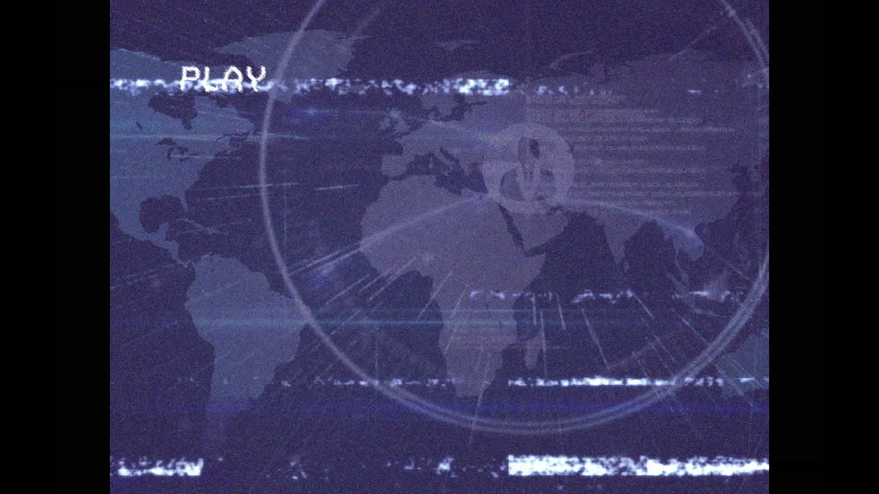 animación de la interfaz digital de reproducción en pantalla con una red de conexiones en fondo púrpura