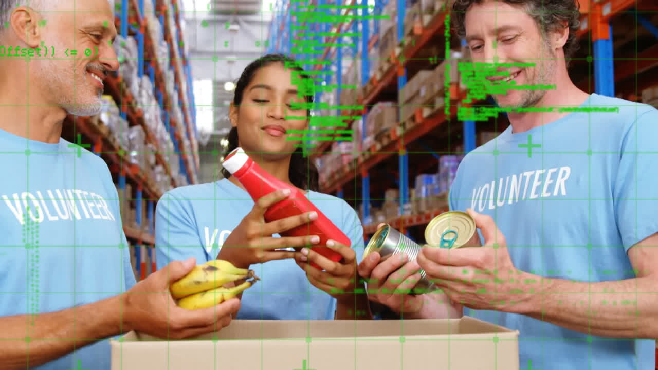 animación del procesamiento de datos sobre diversas personas que trabajan en el almacén