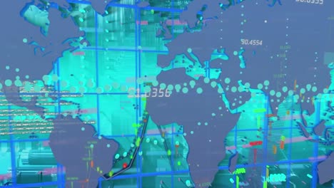 Animation-of-data-processing-and-world-map-over-blue-background