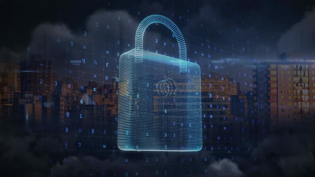 Animazione di lucchetto di sicurezza online ed elaborazione dati su paesaggio urbano