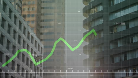 animación del procesamiento de datos estadísticos frente a la vista de edificios altos
