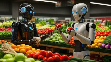 a fascinating encounter: two advanced robots examining fresh produce in a colorful supermarket, showcasing the intersection of technology and everyday life