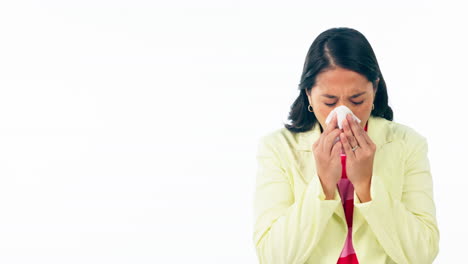 Sick,-woman-and-tissue-for-blowing-nose-in-studio