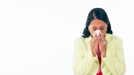 sick, woman and tissue for blowing nose in studio