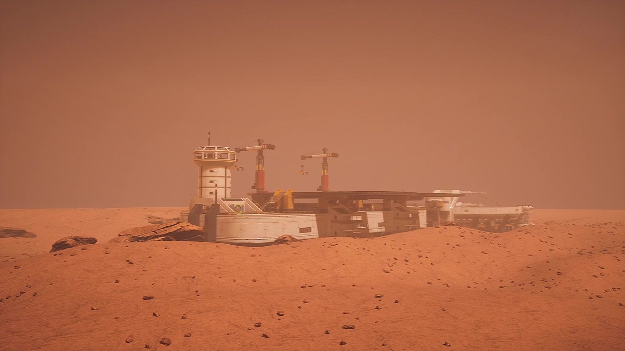A desolate structure stands on the martian landscape overwhelmed by dust
