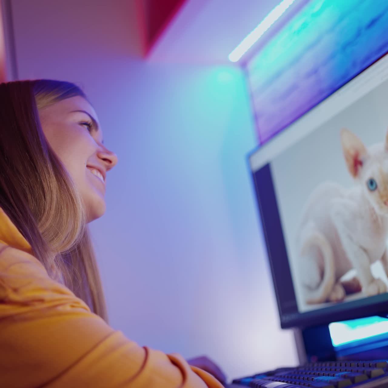 Side view of a woman in front of computer. Happy girl looking at the picture of a funny cat on a screen and admires it.