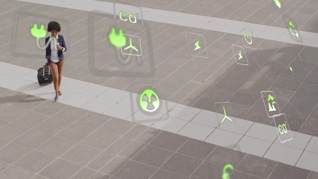 스마트폰을 사용하는 아프리카계 미국인 여성에 대한 아이콘과 비즈니스 데이터의 애니메이션